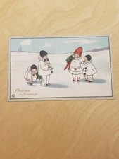 Antique Christmas Snow Dog Clown mime Postcard unused 1910s to 20s (pc34)