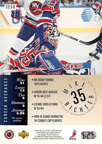1995-96 Upper Deck Special Edition #SE58 Mike Richter ** NY Rangers ** - Picture 2 of 2