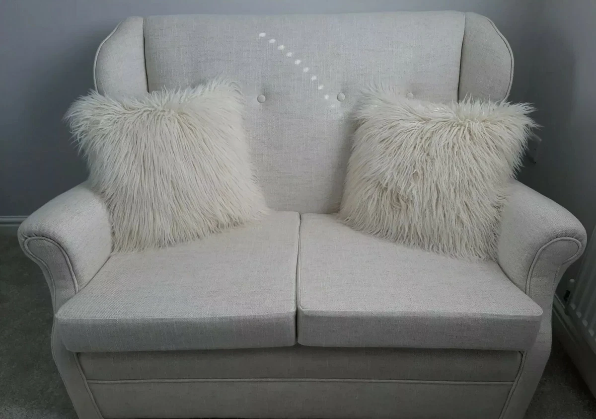 New Comfy 2 Seater Sofa in Off White fabric button detail back wood legs