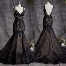 Gothic Black Mermaid Wedding Dress V-neck Lace Decal Bridal Dress Sweeping Train