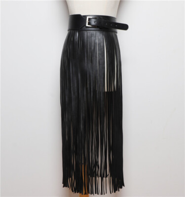 Long Fringe Tassel Belt Skirt UK Women Faux Leather Adjustable