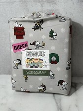 Peanuts Snoopy Woodstock Christmas Tree Red Doghouse Lights Grey Queen Sheet Set