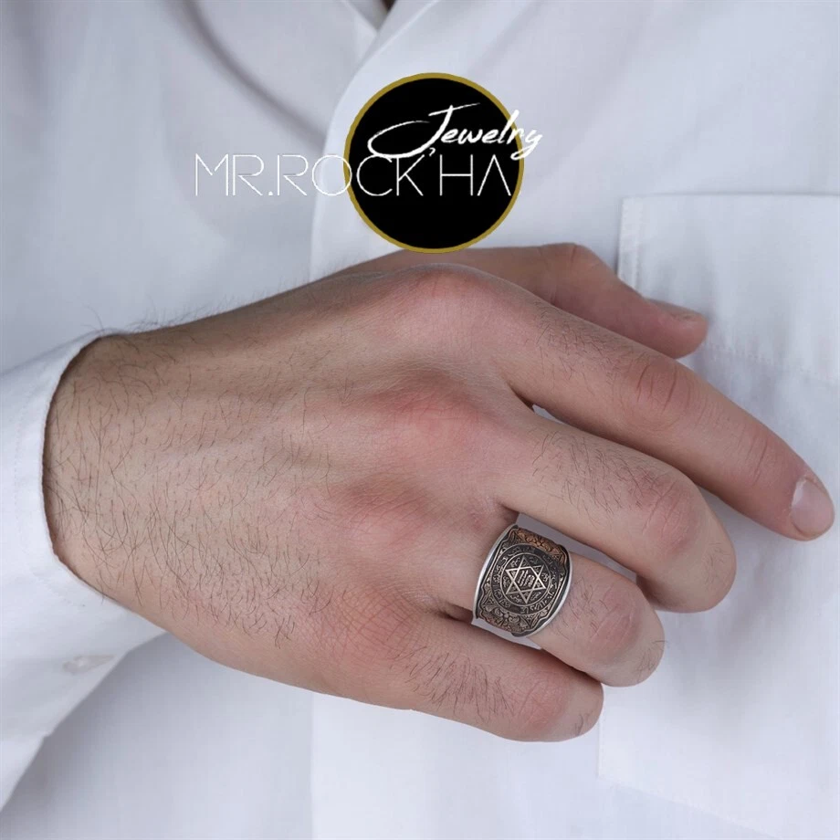 Seal of Solomon,Bronze Ring on Top,Engraving Art,925 Silver Men Pinky Band Ring - Image 4 of 4