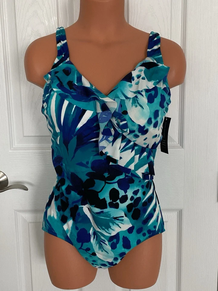 International Concepts 10 蓝色/绿色 Surplice 带软杯 1 件泳装全新带标签 — 第 2/4 张图片