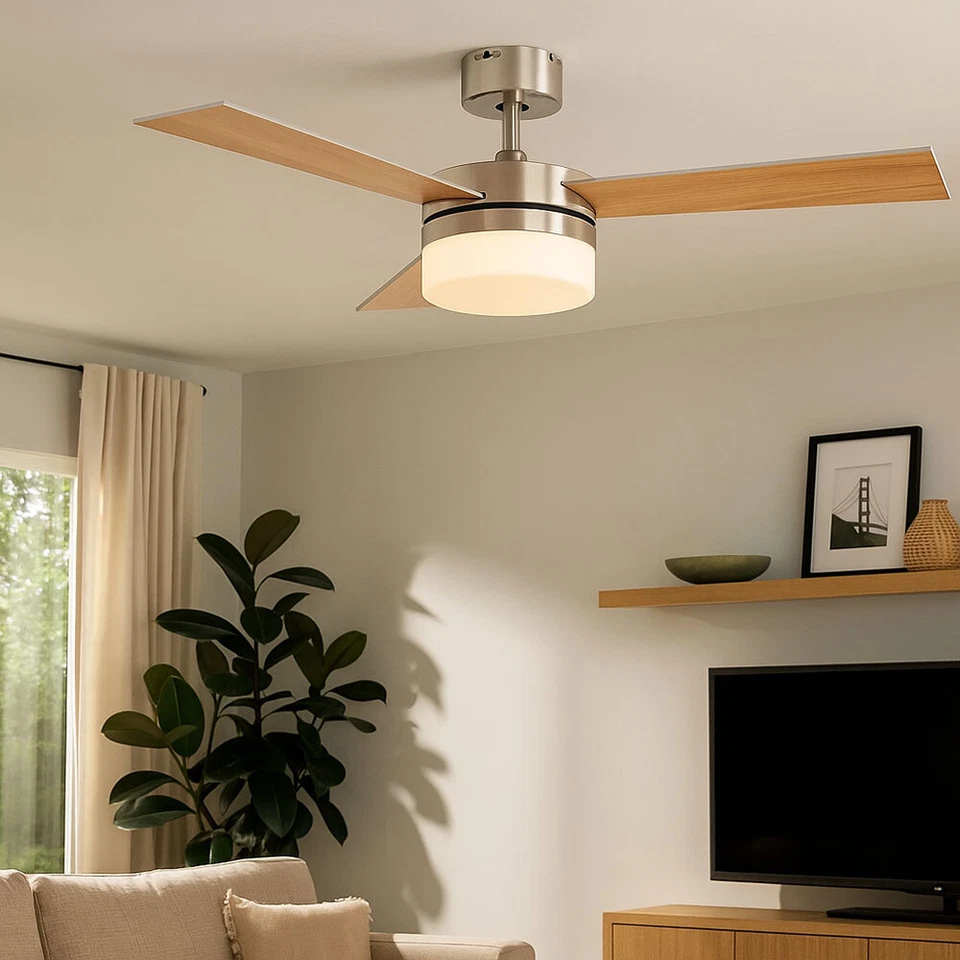 Ventilatore da Soffitto Lampada Luce MDF Nichel Vetro Nel Ritorno Pale - Immagine 4 di 4