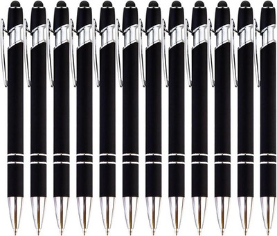 12Pcs Ballpoint Pen with Stylus Silicone Tip,Soft Touch Click Metal Pen,Stylus