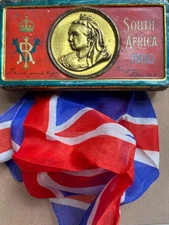 SOUTH AFRICA 1900 BOER WAR CHOCOLATE TIN QUEEN VICTORIA W/SILK UNION JACK FLAG