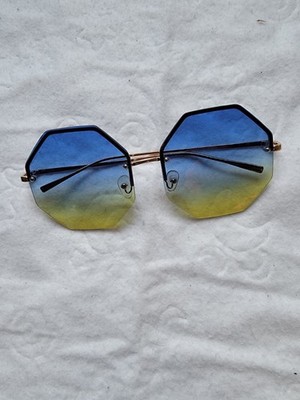 Geometric Gold Metal Frame Sunglasses Blue Yellow Gradient Retro Style