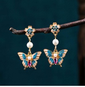 Authentic Pearl Gemstone Drop Dangle Earrings Butterfly Flower Bohemian Gold Plated Hook
