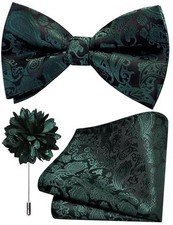 Branduce Paisley Pre-tied Bow Tie and Pocket Square Lapel Pin Set Dark Green-2