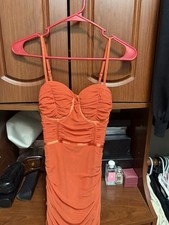 Fashion Nova Orange Mesh Ruched Long Bodycon Dress XS Sweetheart Neck