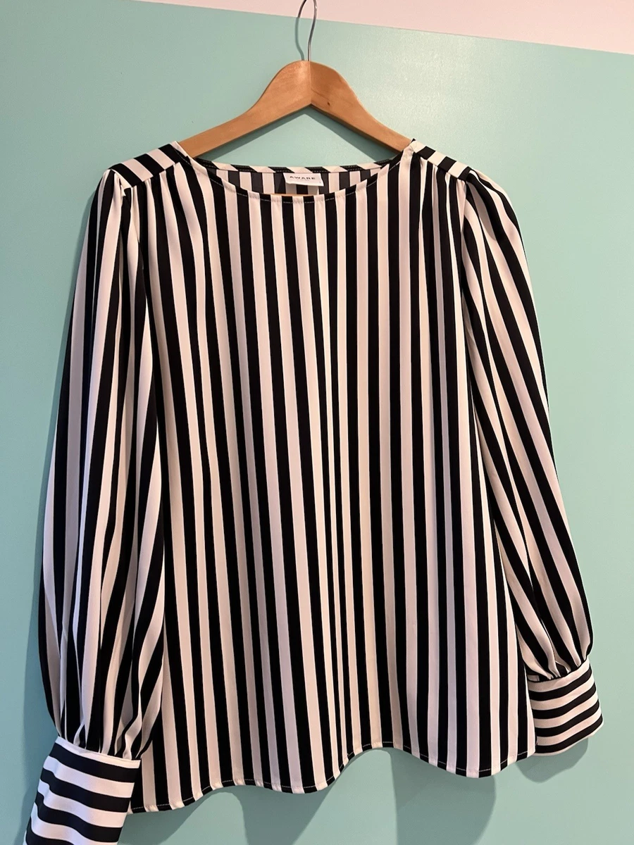 AWARE by Vero Moda Size L Black & White Striped Satin Blouse Long Sleeve. 