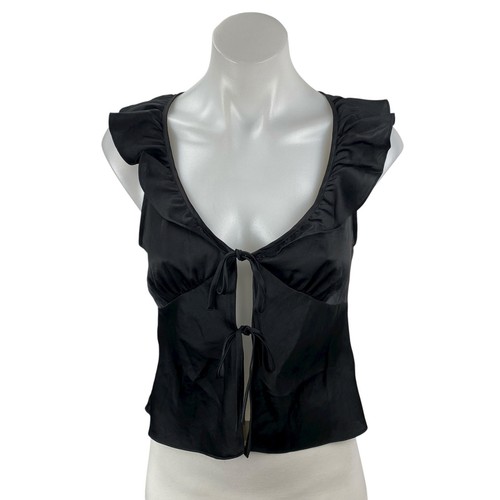 Aritzia Wilfred Tonka Satin Women's Black Ruffle Sleeveless Tie Blouse Top Sz XS