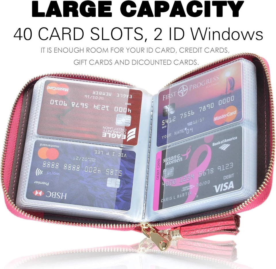 Easyoulife Womens Credit Card Holder Wallet Zip Leather Case RFID Rose - Image 3 of 4