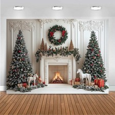 7x5ft Christmas Fireplace Backdrop White Red Interior Room Fireplace Xmas Tre...