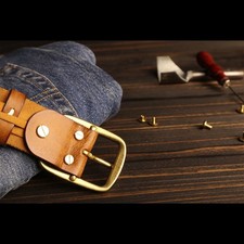 Retro American Handmade Cowhide Leather Belt Mens Distressed Brass Buckle 38mm