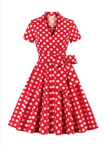 Women's 40s Vintage Dots Audrey Skater Belt Dress Christmas Party Prom PLUS SIZE - Picture 8 of 21