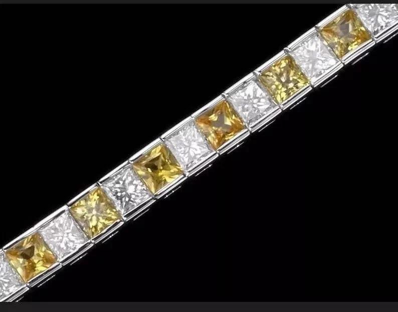 Brazalete Tenis Diamante Zafiro Princesa Creado en Laboratorio 14K Wh Chapado en Oro 7.5" Foto 4 de 4