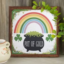 St Patricks Day Gift Wooden Plaque Pot Of Gold Rainbow And Clover Design Decor