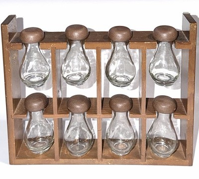 Vintage Wood Spice Rack 8 Hanging Glass Bottles