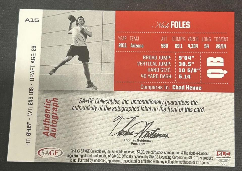 Nick Foles 2012 Sage Rookie Auto Arizona Philadelphia Eagles #A15 Football - Image 2 of 2