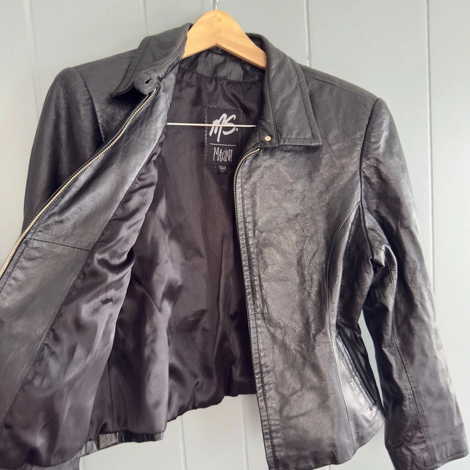 Черная кожаная куртка moto гранж L резинке Y2K 90-х минималистский верхняя одежда MS Maxima - Изображение 2 из 4