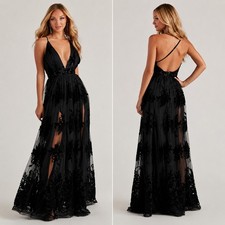 Maxi Vestido Negro Terciopelo Floral Malla Burnout Espalda Abierta Oscuro Femenino Formal Vestido