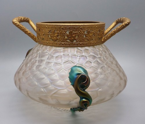 Kralik Martele Rigaree Art Nouveau Glass Bowl Pierced Gold Ormolu Collar-Damaged - Picture 3 of 19