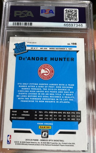 De'ANDRE HUNTER Rookie 2019-20 OPTIC FANATICS SILVER WAVE PRIZM RC PSA 9 - Picture 3 of 3