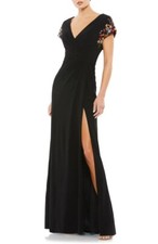 Mac Duggal 55709 Jeweled Sleeve Faux Wrap Gown SZ 4 ($498) Black