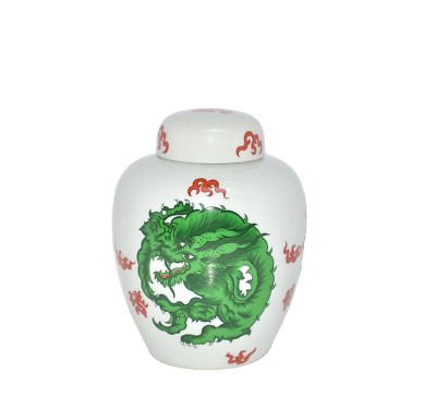 Fitz & Floyd Dragon Crest * MEDIUM GINGER JAR * Green, 5 3/4'', MINT
