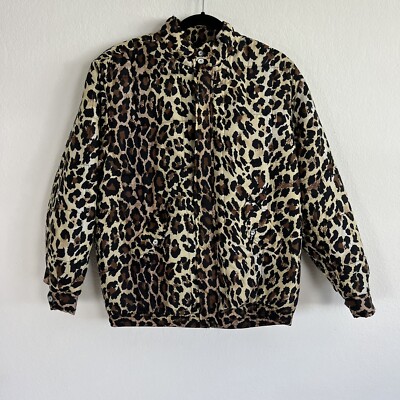 Clio Vintage 90s Womens 100% Silk Leopard Cheetah Print Bomber Puffer Jacket PL