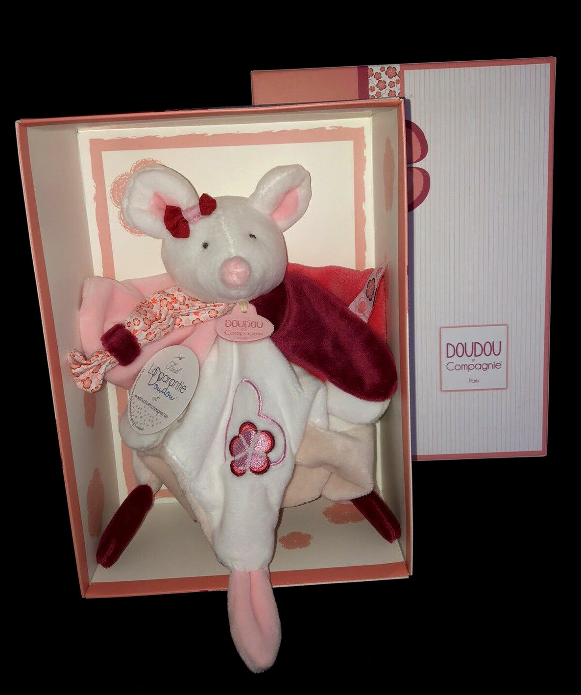 Clementine la Souris blanche doudou fleur rose bordeaux