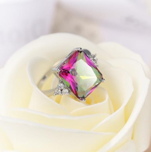 Huge Natural Genuine Rainbow Mystic Fire Topaz Gems Silver Ring Sz 7 8 9 - Picture 3 of 5