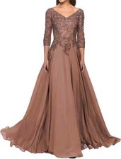 Mother Of The Bride Dress V Neck Lace Flowers Appliques Party Gowns 3/4 Sleeves