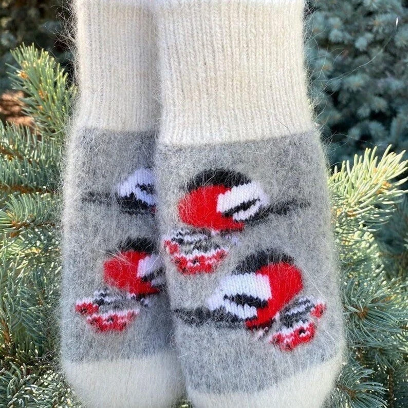 Mitones cálidos de invierno de angora para mujer | Mitones de punto 100 % lana de angora natural Foto 2 de 4