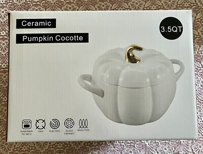 Pumpkin Cocotte Ceramic Lidded Soup Tureen Casserole White Gold 3.5 Qt NIB