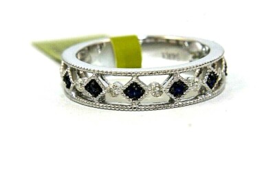 Natural Round Blue Sapphire & Diamond Cluster Ring Band 14K White Gold .32Ct