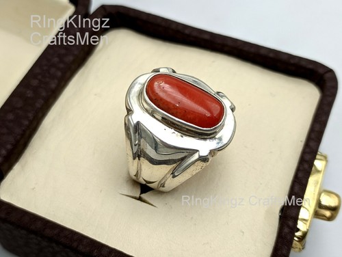 Mens Natural Red Coral Ring Size 9 Handmade Rings 925 Sterling Silver Merjaan - Picture 2 of 7