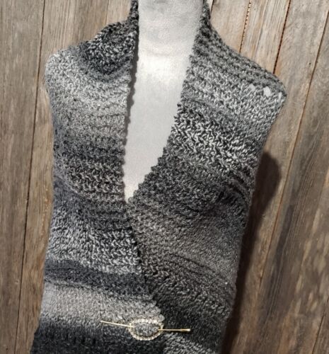 NEW Gray Shawl Scarf Wrap Boho Fringed Handmade Hand Knit Knitted Fringe Eyelet - Picture 2 of 9