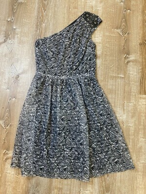 David Meister Jeweled Beaded Floral One Shoulder Cocktail Dress Black 10  EUC