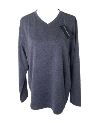 Devon & Jones Mens Medium Shirt Blue Classic V-Neck Heavyweight Long Sleeve