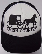 Vintage 1980s AMISH COUNTRY HORSE BUGGY BLACK WHITE Advertising SNAPBACK HAT CAP