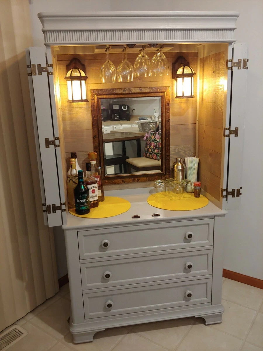 Armoire Bar Cabinet Coffee Bar Grey in Color Plugs in for lights inside
