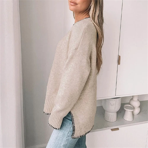 Damen Rundhalsausschnitt Schulterfrei Freizeit Pullover Pulli Langarm Tops - Bild 6 von 9