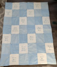 Handmade Baby Quilt Blue White Gingham Cross Stitch Sayings Jesus Love Me More
