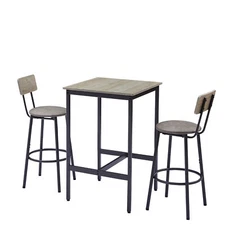 3PCS Industrial Bar Table Chairs Set Pub Table and 2 PU Upholstered Stools Gray