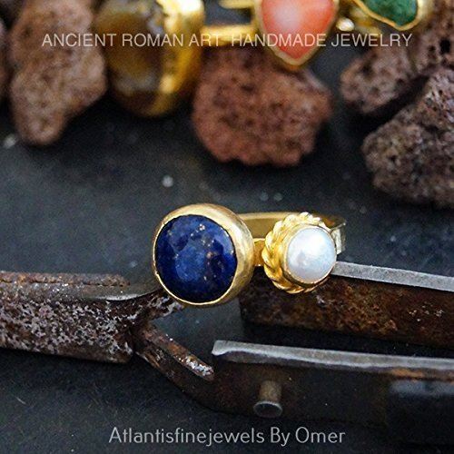Omer 925 Silver Hammered Flat Band Handmade Lapis & Pearl Turkish Designer Ring - Picture 3 of 4