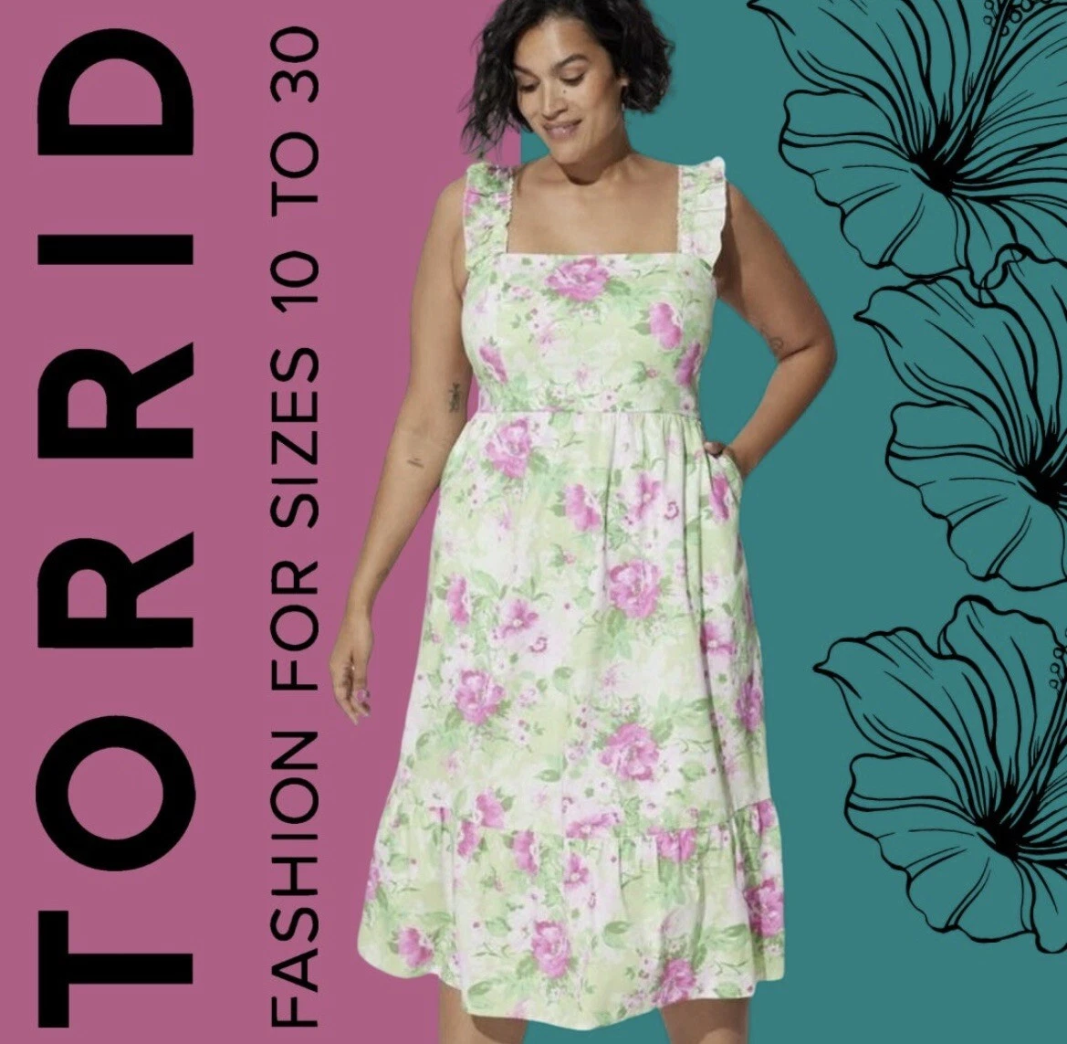Torrid Floral Green Poplin Tiered Ruffle Strap Dress Large NWT
