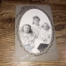 Antique Cabinet Photo - Edith, Ethel and Viola 3 girls in fancy Dresses